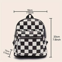 Checkered Backpack For Women, Mini Faux Leather Daypack, Plaid Pattern Travel School Bag