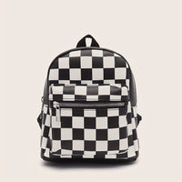 Checkered Backpack For Women, Mini Faux Leather Daypack, Plaid Pattern Travel School Bag