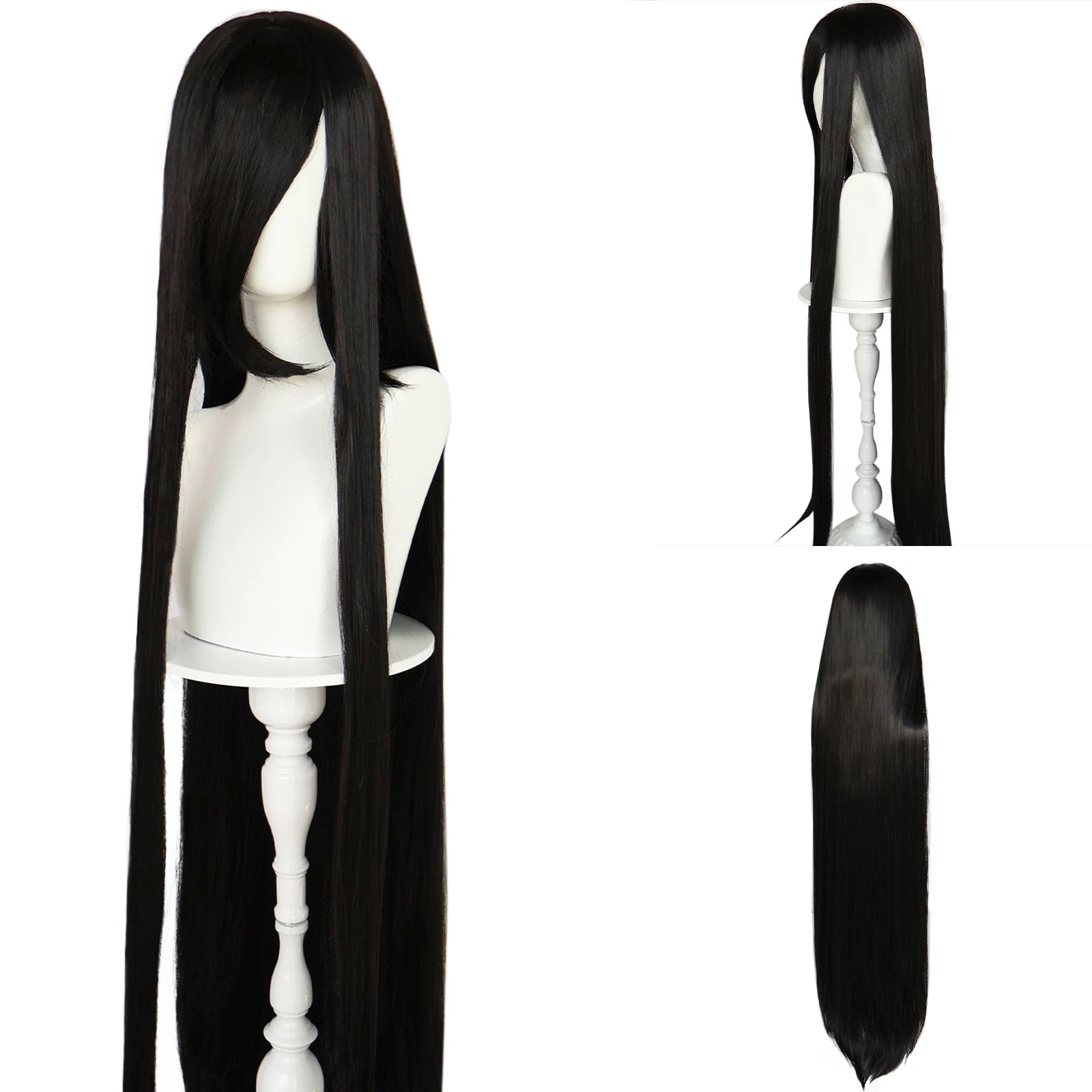 Synthetic 46Inch Black Straight Extra Long Stylish and Versatile Anime Cosplay Wig With Bangs For Daily Party Wear Wig Fashion