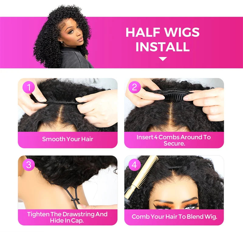VSHOW Burmese Curly 3 IN 1 Half Wig Flip Over No Glue Install with Drawstring Beginner Friendly 100% Human Hair Natural Hairline