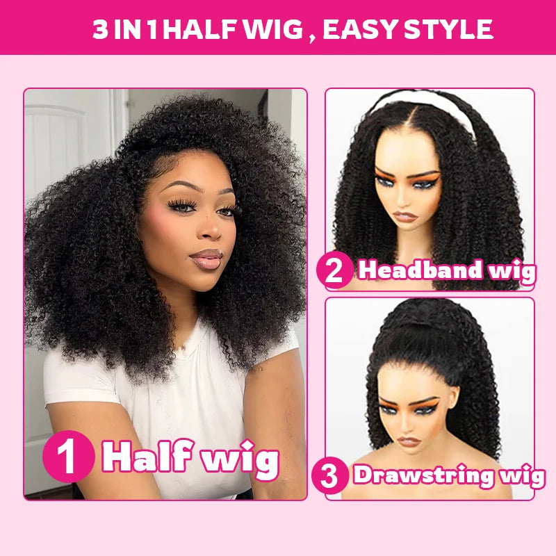 VSHOW Burmese Curly 3 IN 1 Half Wig Flip Over No Glue Install with Drawstring Beginner Friendly 100% Human Hair Natural Hairline