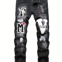 Men y2k Stretchy Denim jeans Ripped Skinny Letter Print elastic waist Casual pants for men Hole Slim Fit Denim Hip Hop Trousers