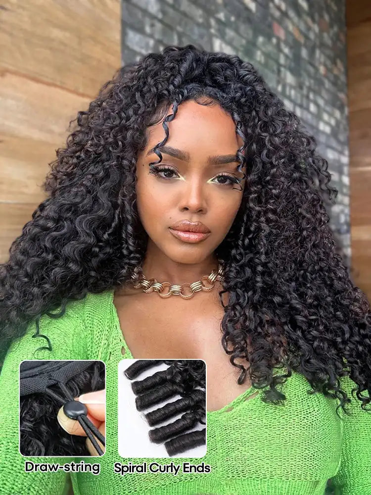 VSHOW Burmese Curly 3 IN 1 Half Wig Flip Over No Glue Install with Drawstring Beginner Friendly 100% Human Hair Natural Hairline