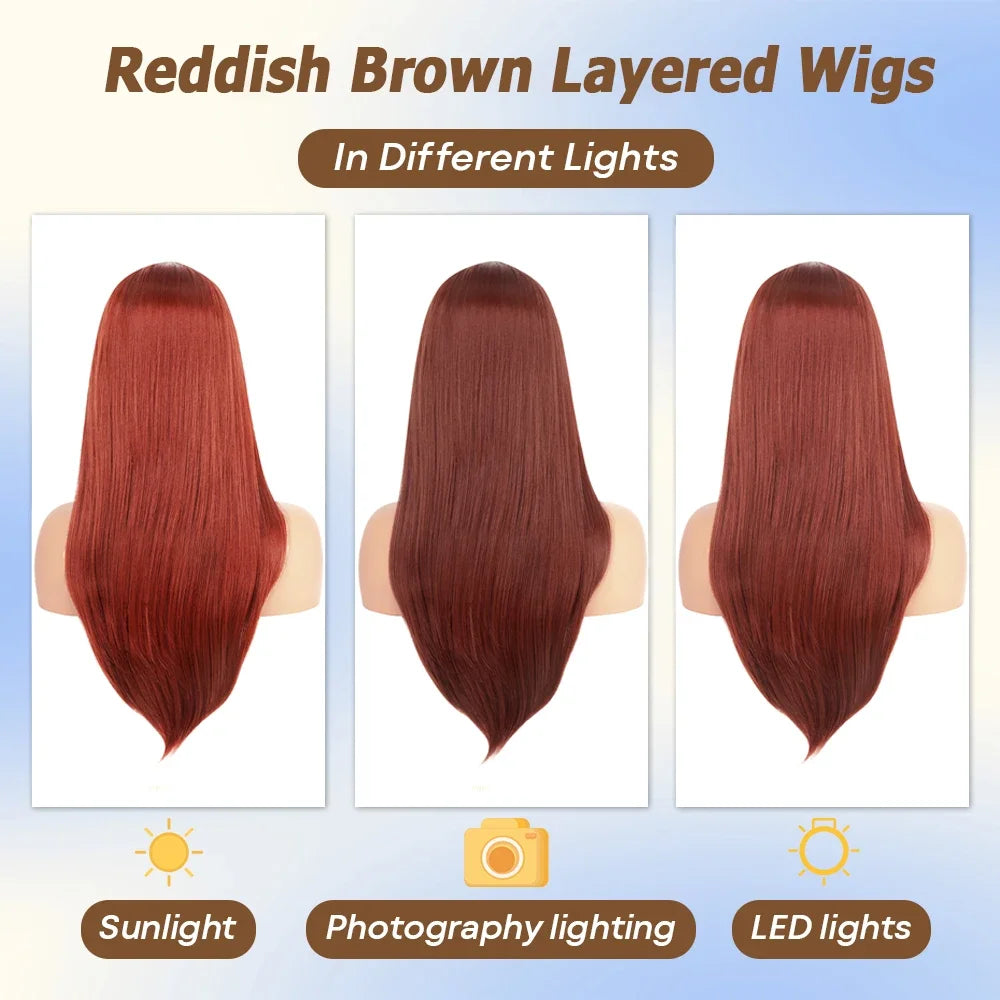 Reddish Brown Silky Straight 13x4 13X6 HD Synthetic Lace Front Wigs For Women 30 Inch Auburn Brown Straight Lace Wig Pre Plucked