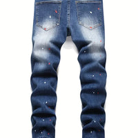 Men y2k Stretchy Denim jeans Ripped Skinny Letter Print elastic waist Casual pants for men Hole Slim Fit Denim Hip Hop Trousers