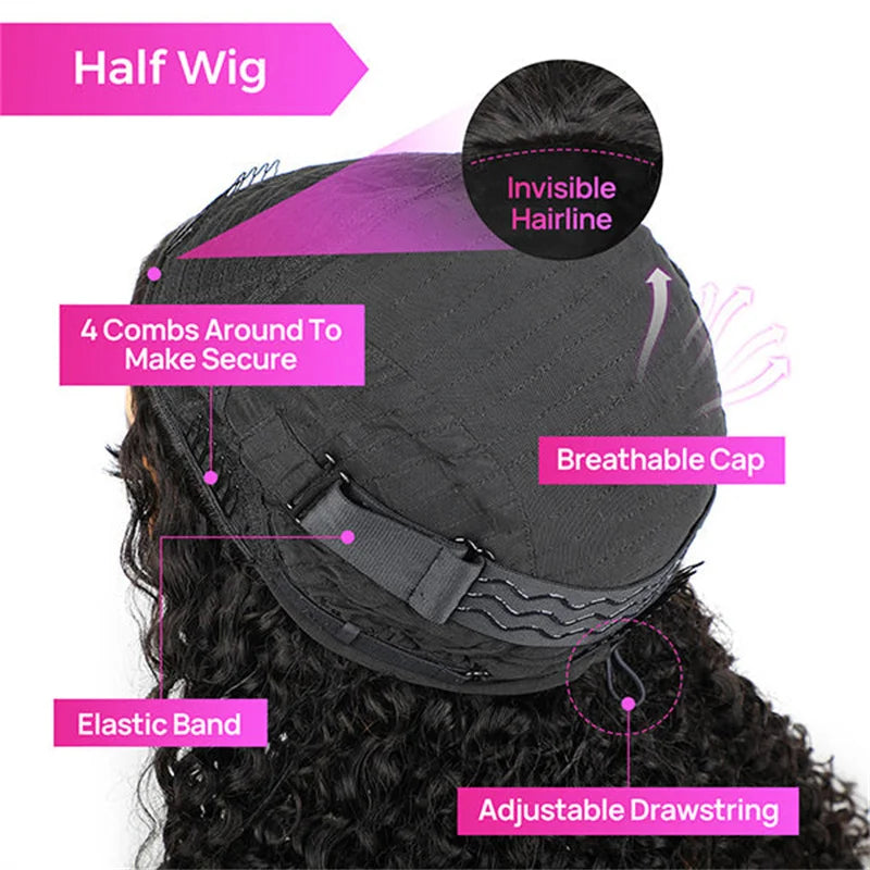 VSHOW Burmese Curly 3 IN 1 Half Wig Flip Over No Glue Install with Drawstring Beginner Friendly 100% Human Hair Natural Hairline
