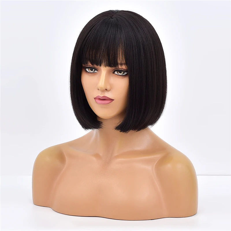 Ainizi 12'' Short bob Black Machine Made Elegant Fashion Synthetic Hair Wigs With Bangs for Women