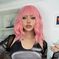 Ainizi Short Wave Daily Female Wigs Heat Resistant Ombre Brown Mixed Platinum High Density Machine Made Synthetic Wig with Bangs