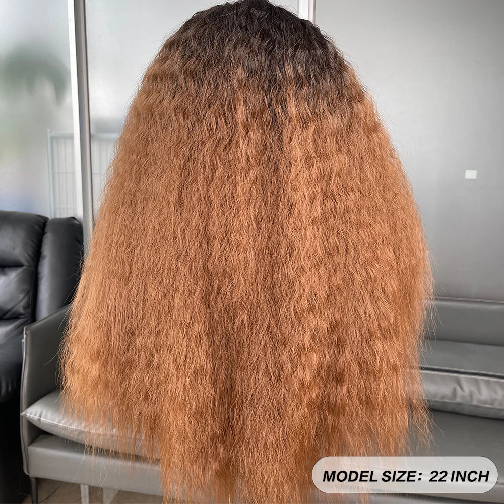 Long Ombre Brown Color Kinky Straight 13X6 Synthetic Lace Front Wigs for Black Women Futura Fiber Hair Heat Resistant Hair Wigs