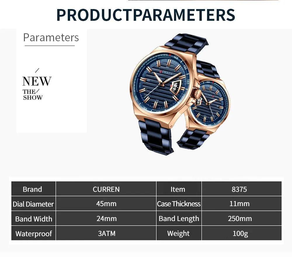 CURREN  Man Brand Luxury Watch Stainless Steel Band Quartz Wristwatch Auto Date Clock Male with box