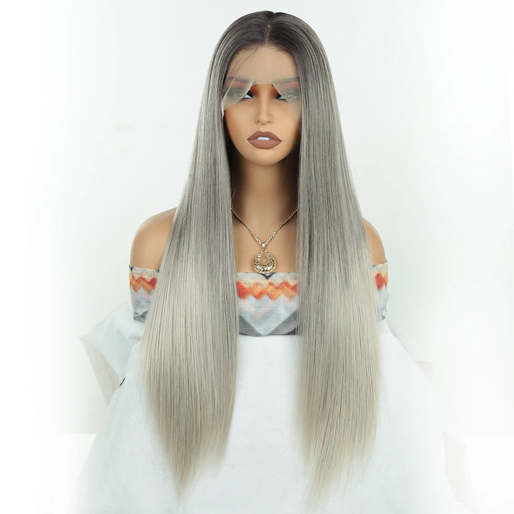 Wholesale High Temperature Fiber 30 Inches Long Straight Lace Wigs for Women Chocolate Brown Synthetic Lace Front Wigs
