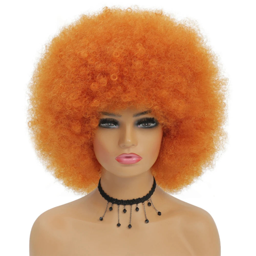 Short Hair Afro Kinky Curly Wigs With Bangs for Black Women African Synthetic Ombre Glueless Cosplay Natural Blonde Red Blue Wig