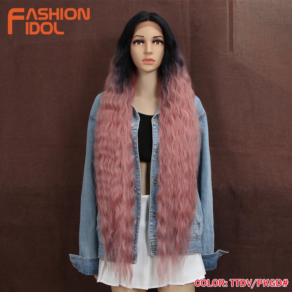 Synthetic Wigs Cosplay Loose Wave Hair Lace Front Wigs For Women Ombre Brown Water Wave 42 Inch Curly Hair Heat Resistant Wig