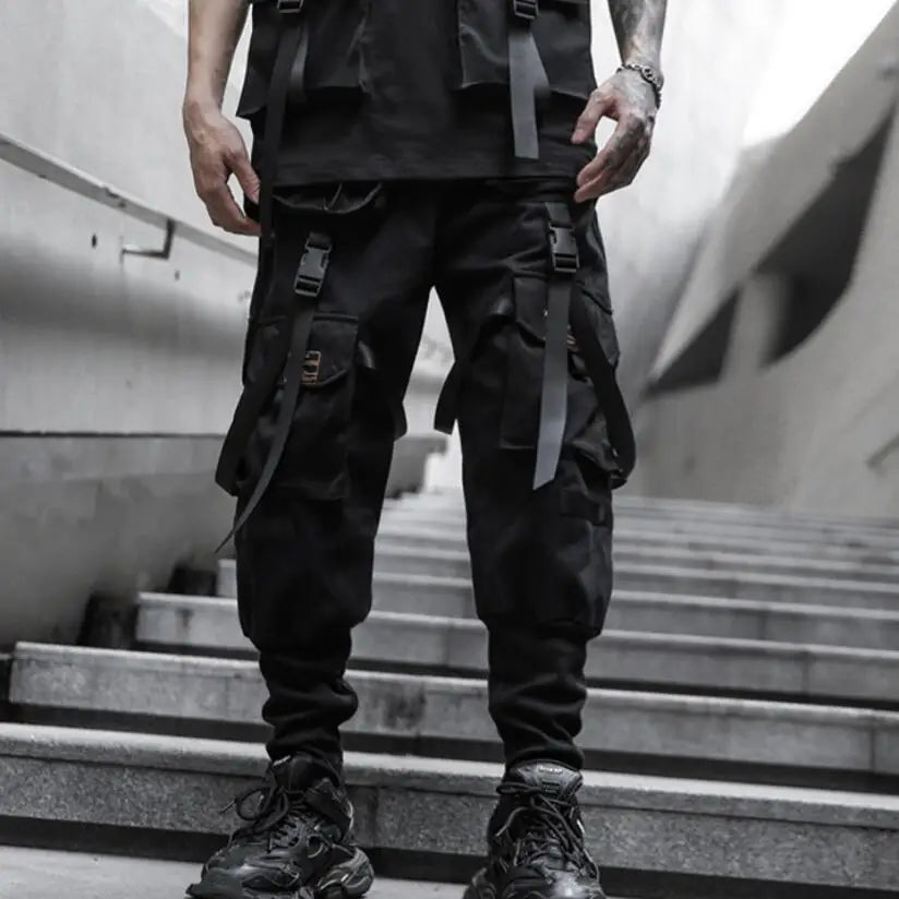 2021 Mens casual ribbons techwear cargo pants with many pockets man harajuku vintage punk harem pants hip hop trousers