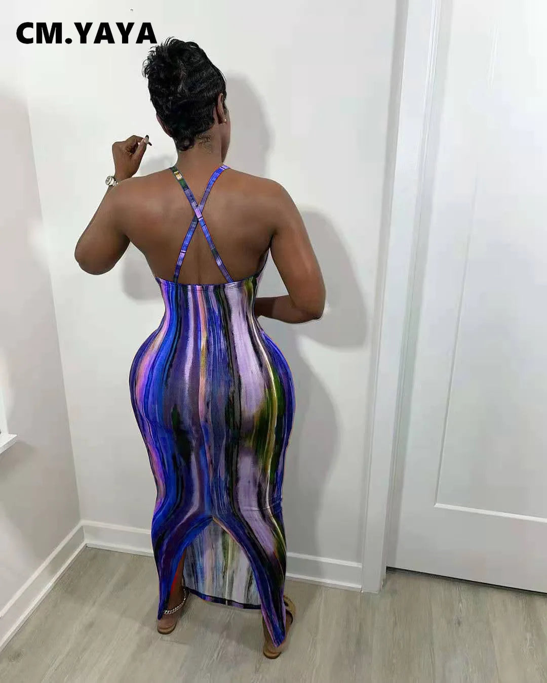 CM.YAYA Tie Dye Print Halter Open Back Maxi Dress Women Bodycon Sleeveless Splited Back Pencil Midi Long Dresses Summer 2021