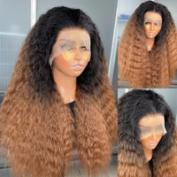 Long Ombre Brown Color Kinky Straight 13X6 Synthetic Lace Front Wigs for Black Women Futura Fiber Hair Heat Resistant Hair Wigs