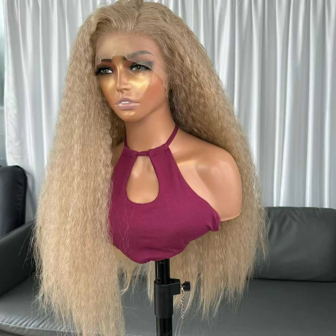 Hot Selling Pre Plucked Hairline 613# Kinky Straight Heat Resistant Glueless Synthetic Lacefront Wig for Black Womens Daily Use