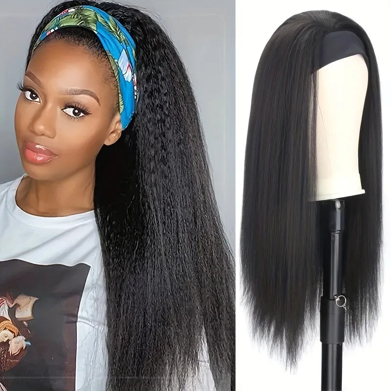 26Inch YaKi Straight Headband Wigs for Black Woman Glueless Headband Wig Synthetic Wig Heat Resistant for Women Hair