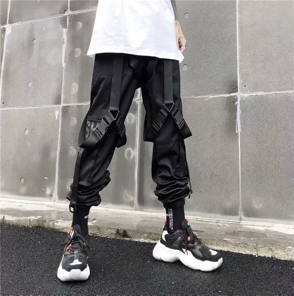 Joggers Cargo Pants for Men Casual Hip Hop Hit Color Pocket Male Trousers Sweatpants Streetwear Ribbons Techwear Pants