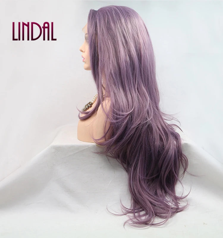 LINDALHAIR Long Wavy Synthetic Lace Front Wig Glueless Purple High Temperature Heat Resistant Fiber Hair Wigs for Women