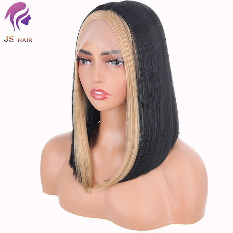 Wholesale Prices Custom logo Heat Resistant Synthetic Hair Frontal Short Wigs Silky Straight Wave bob Wigs for Black Women bob