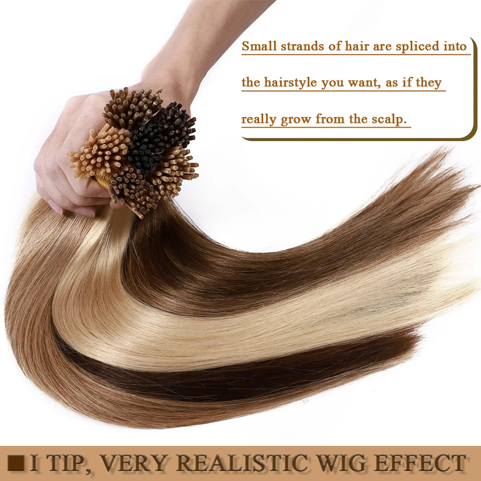 S-noilite 50pcs I Tip Microlink Hair Extensions 1g/s Straight Human Hair Fusion Keratin Micro Ring Stick Hair Pre-Bond Blonde