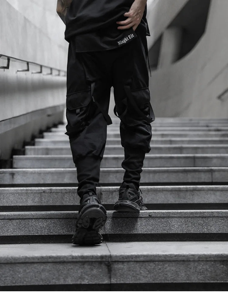 2021 Mens casual ribbons techwear cargo pants with many pockets man harajuku vintage punk harem pants hip hop trousers