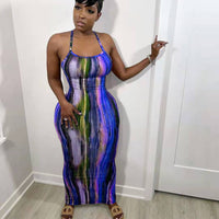 CM.YAYA Tie Dye Print Halter Open Back Maxi Dress Women Bodycon Sleeveless Splited Back Pencil Midi Long Dresses Summer 2021