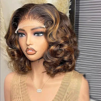 13*4 Transparent Lace Front Wig Brown Mix Blonde High Temperature Fiber Colorful Gradient Short Synthetic Hair Wig FX-HA104
