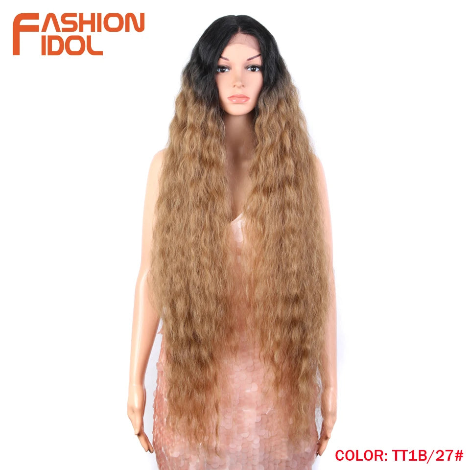 Synthetic Wigs Cosplay Loose Wave Hair Lace Front Wigs For Women Ombre Brown Water Wave 42 Inch Curly Hair Heat Resistant Wig