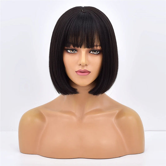 Ainizi 12'' Short bob Black Machine Made Elegant Fashion Synthetic Hair Wigs With Bangs for Women