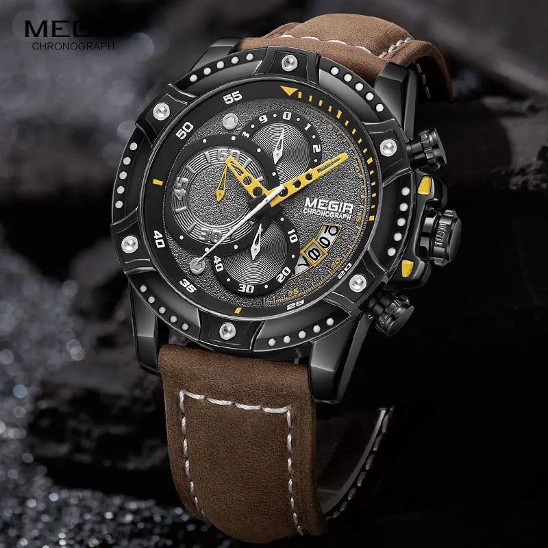 MEGIR Casual Watch Men Top Brand Luxury Chronograph Quartz Wristwatch Leather Strap Army Sport Watches Relogios Masculio 2130