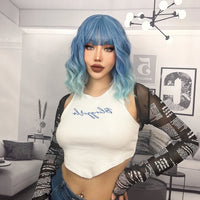 Ainizi Short Wave Daily Female Wigs Heat Resistant Ombre Brown Mixed Platinum High Density Machine Made Synthetic Wig with Bangs