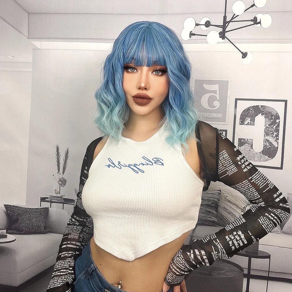 Ainizi Short Wave Daily Female Wigs Heat Resistant Ombre Brown Mixed Platinum High Density Machine Made Synthetic Wig with Bangs