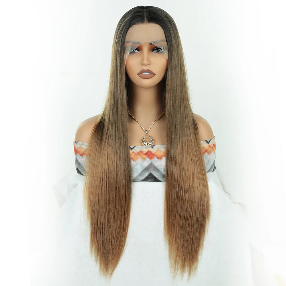 Wholesale High Temperature Fiber 30 Inches Long Straight Lace Wigs for Women Chocolate Brown Synthetic Lace Front Wigs