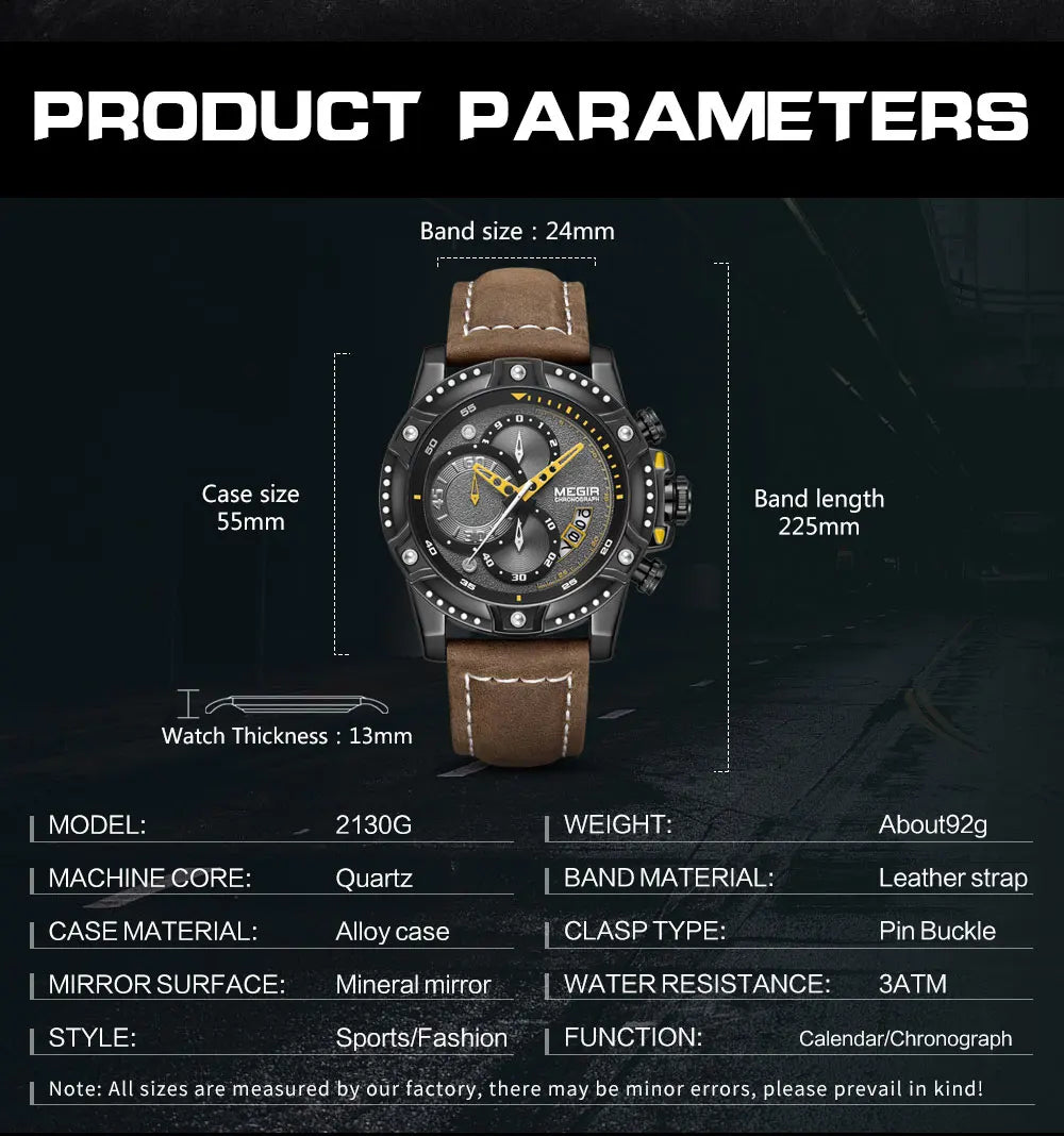 MEGIR Casual Watch Men Top Brand Luxury Chronograph Quartz Wristwatch Leather Strap Army Sport Watches Relogios Masculio 2130