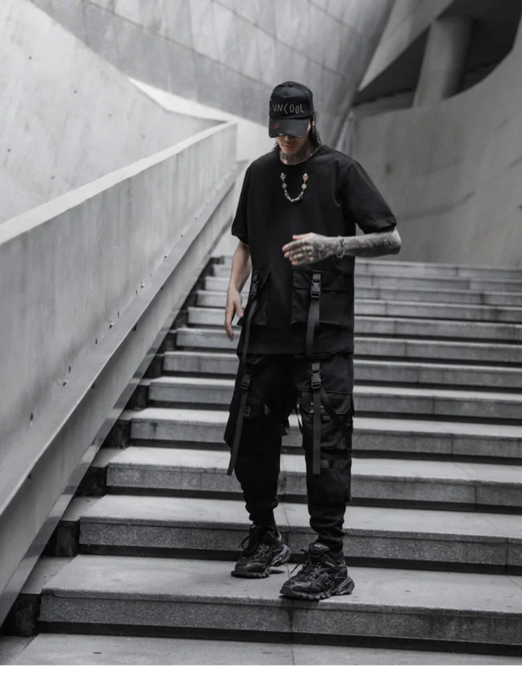 2021 Mens casual ribbons techwear cargo pants with many pockets man harajuku vintage punk harem pants hip hop trousers