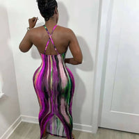 CM.YAYA Tie Dye Print Halter Open Back Maxi Dress Women Bodycon Sleeveless Splited Back Pencil Midi Long Dresses Summer 2021