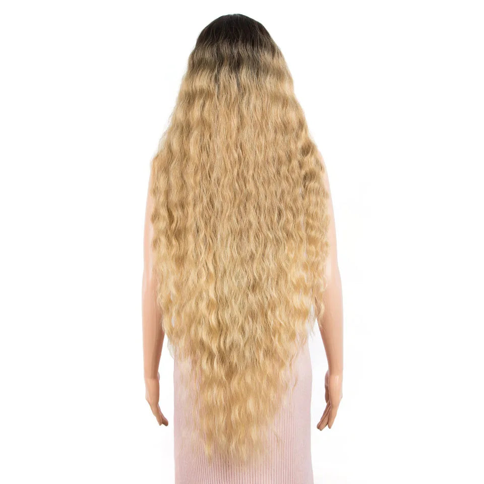 Synthetic Wigs Cosplay Loose Wave Hair Lace Front Wigs For Women Ombre Brown Water Wave 42 Inch Curly Hair Heat Resistant Wig