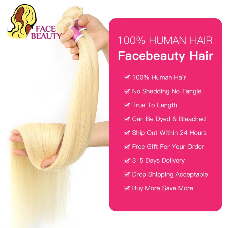 Facebeauty 613 Honey Blonde Peruvian Straight Remy Hair Weave Bundles 1/3/4 Pcs Lot Human Hair Extensions 8 - 40 inch Can Be Dye