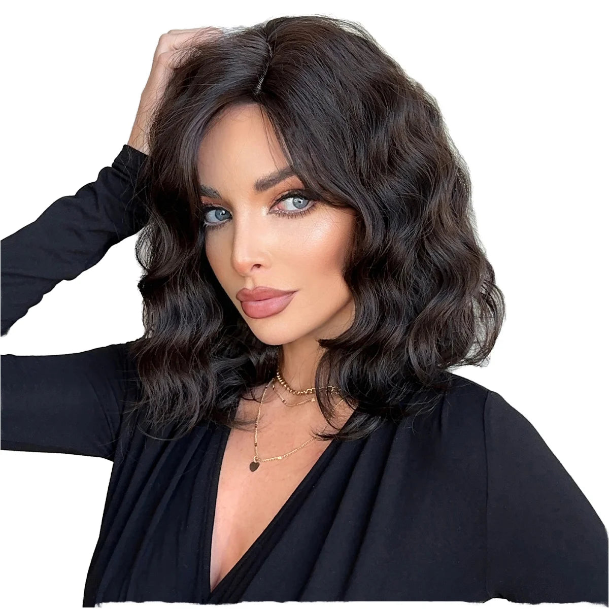 Dark Brown Water Wigs for Women Wavy Middle Part Synthetic Medium Shoulder Length Wig Soft Natural Looking Hair Wig
