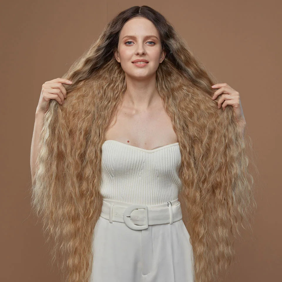 Synthetic Wigs Cosplay Loose Wave Hair Lace Front Wigs For Women Ombre Brown Water Wave 42 Inch Curly Hair Heat Resistant Wig