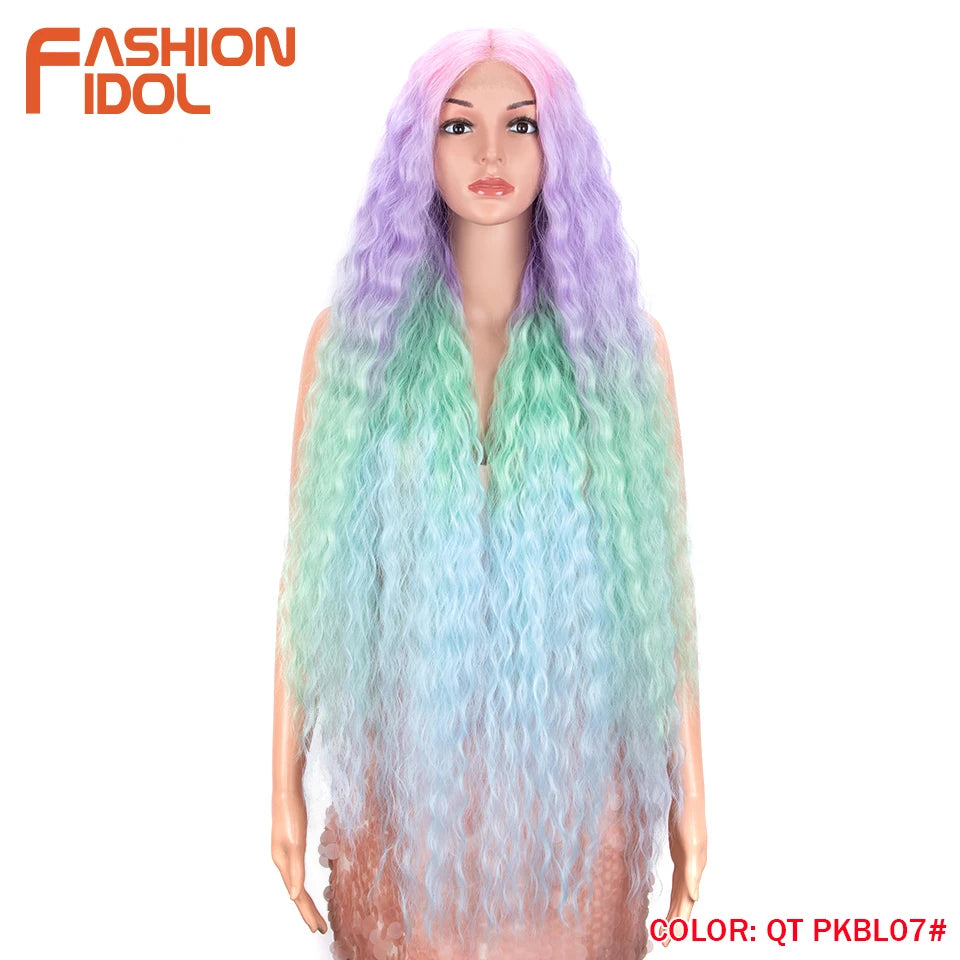 Synthetic Wigs Cosplay Loose Wave Hair Lace Front Wigs For Women Ombre Brown Water Wave 42 Inch Curly Hair Heat Resistant Wig