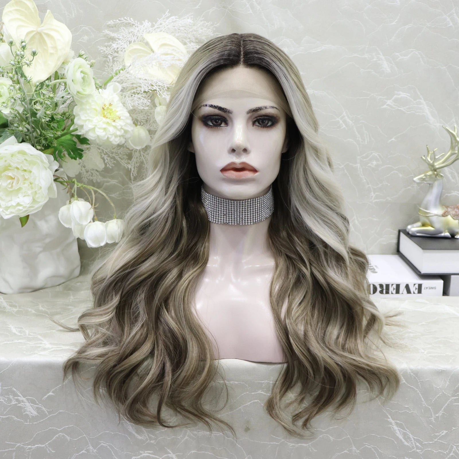 Ombre Ash Blond Premium Synthetic Wigs Wholesale Not Shiny Matte Luxury Heat Resistant Synthetic Lace Front Wig for Women