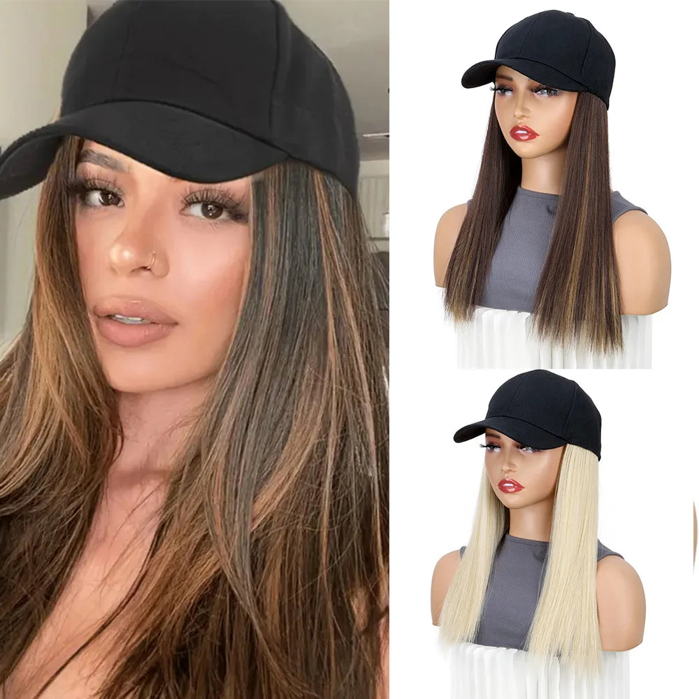 Women  Natural Looking Hat Wigs Short Straight 18inch Bob Hair Wig With Baseball Hat Heat Resistant Hair With Adjustable Hat