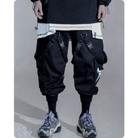 Men's clothes Multi war zone functional wind legged pants large pocket casual Ribbon Harajuku fashion Overalls Street dress