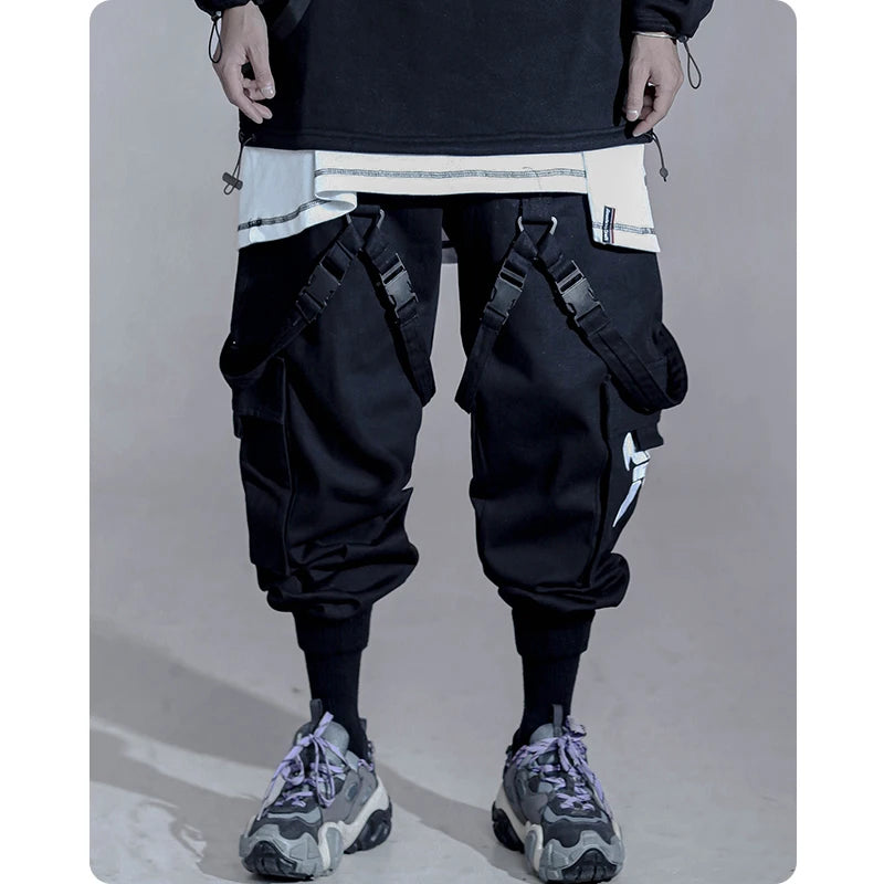Men's clothes Multi war zone functional wind legged pants large pocket casual Ribbon Harajuku fashion Overalls Street dress