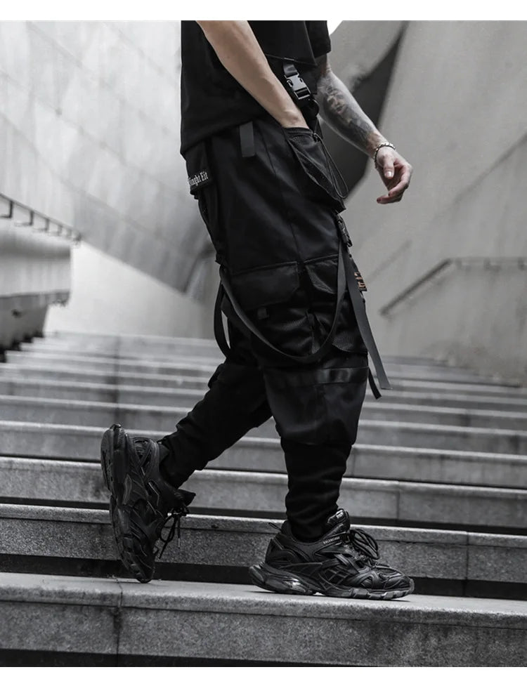 2021 Mens casual ribbons techwear cargo pants with many pockets man harajuku vintage punk harem pants hip hop trousers