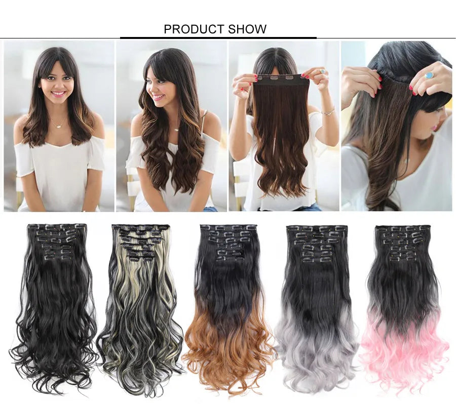 Alileader Synthetic Hair 16 Clip In Hair Extension Clip For Women 6Pcs/Set Hair Extension Clip In Ombre Fake Hairpiece Long Wavy
