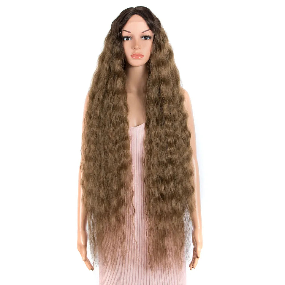 Synthetic Wigs Cosplay Loose Wave Hair Lace Front Wigs For Women Ombre Brown Water Wave 42 Inch Curly Hair Heat Resistant Wig